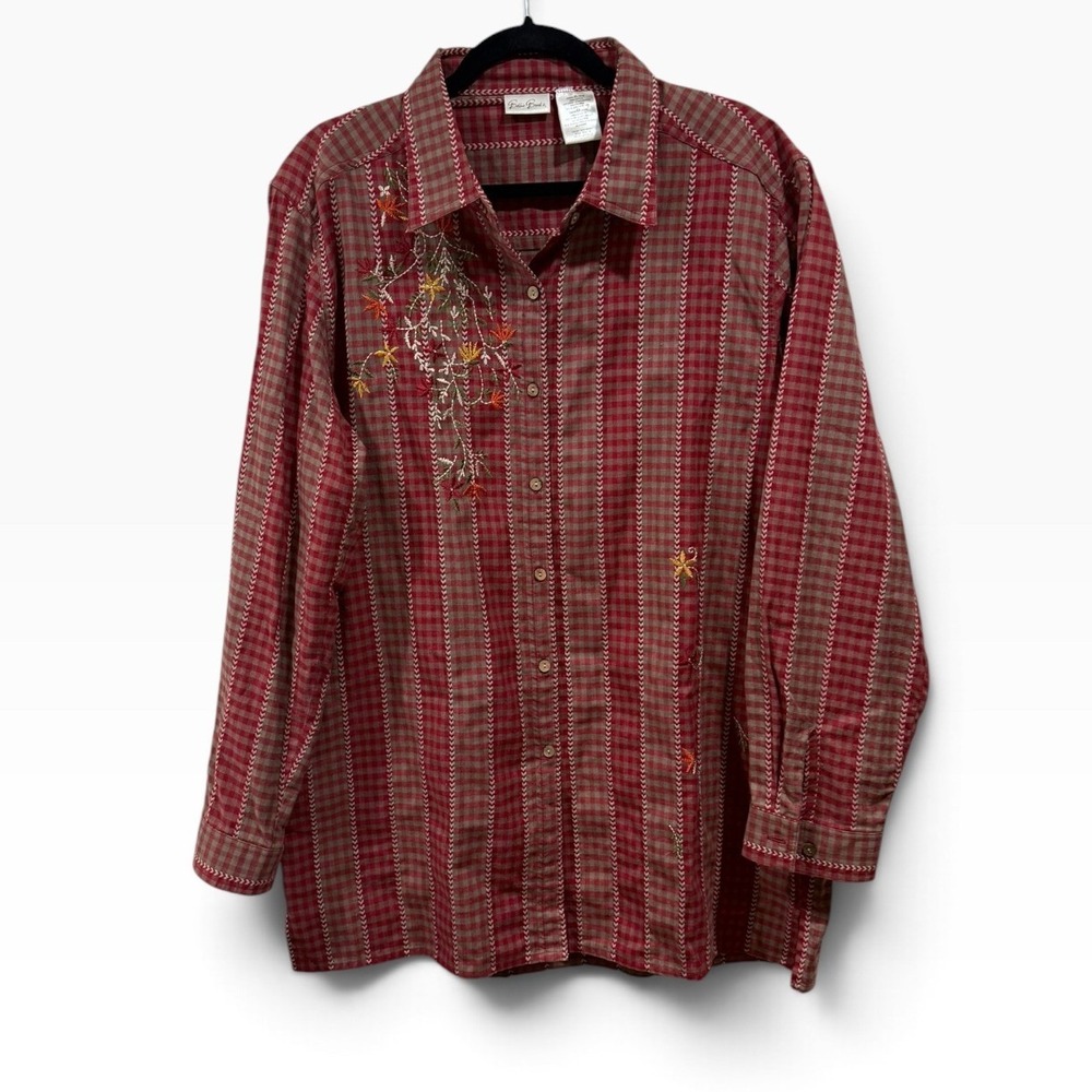 Bobbie Brooks Womens XL Red Gingham Plaid Floral Embroidered Button Up Shirt